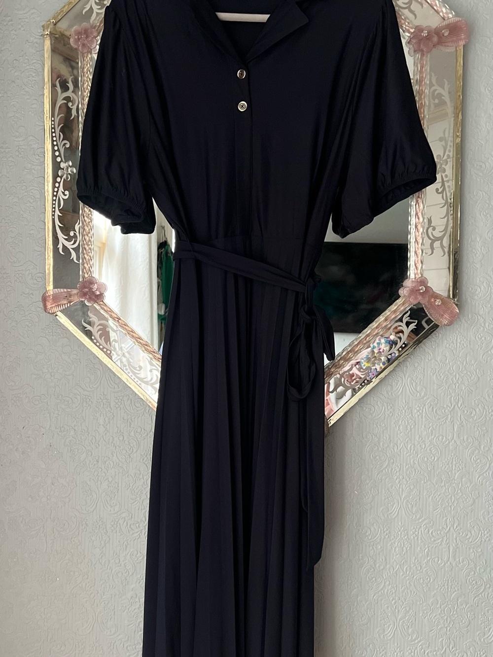Sharagano Navy Shirt Dress with Tie Waist and Feminine Pleats, Size 18